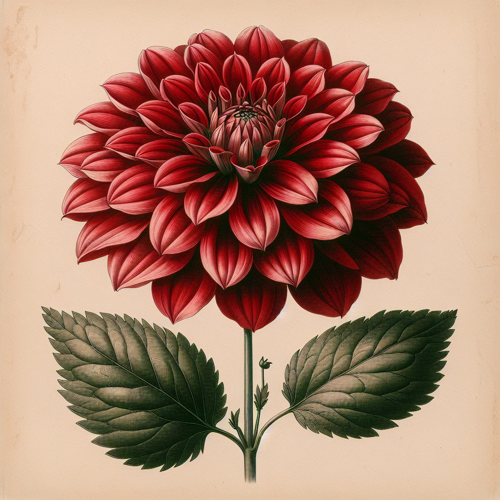 Botanical plate illustration of Babylon Red dahlia, Red Formal Decorative