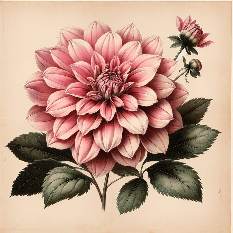 Botanical plate illustration of Babylon Rose dahlia, Pink Informal Decorative