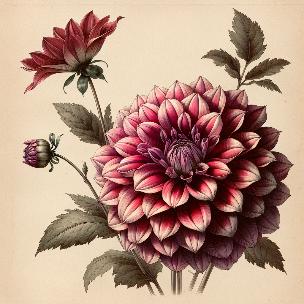 Botanical plate illustration of Bahama Mama dahlia, Dark Blend Informal Decorative