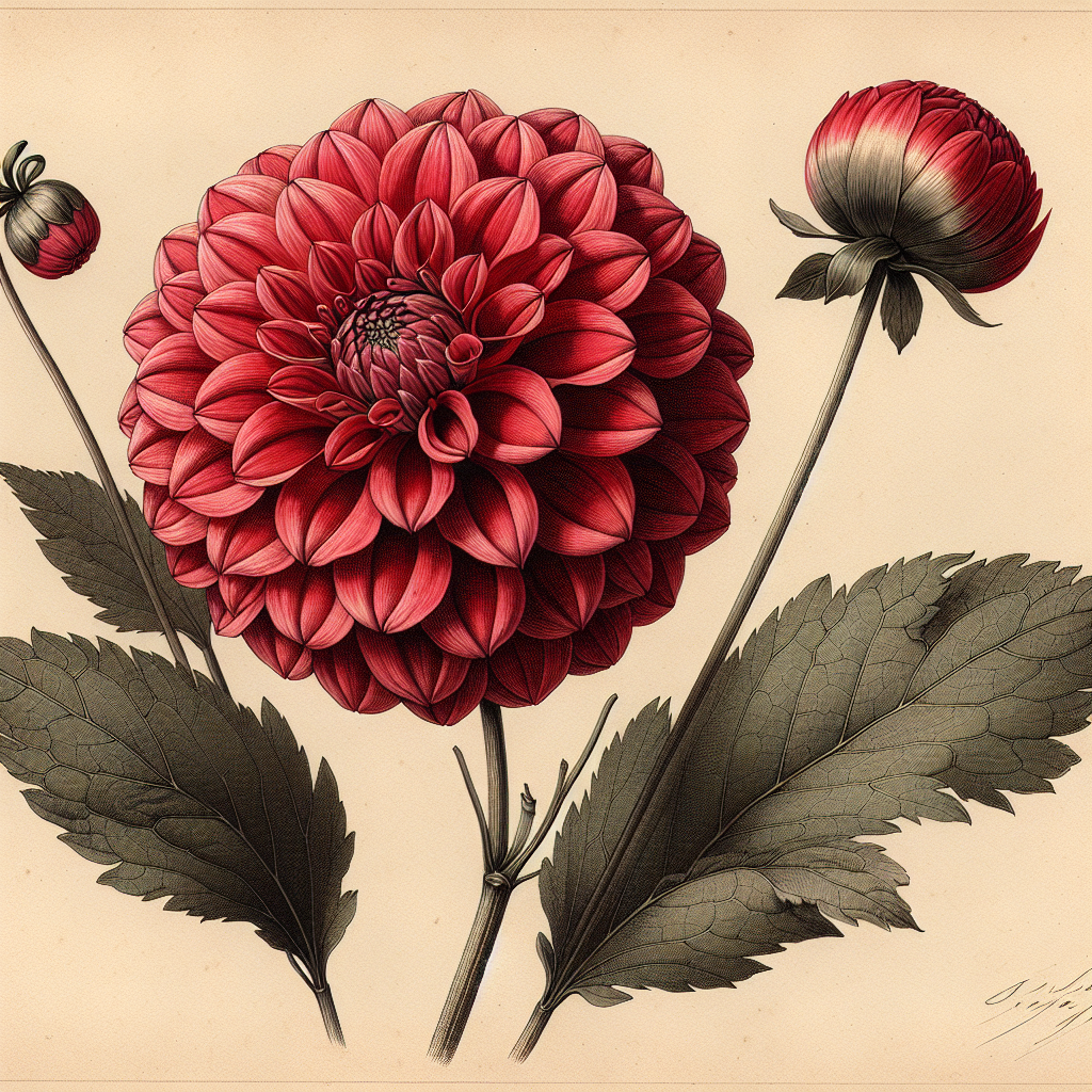 Botanical plate illustration of Ball Buster dahlia, Red Ball