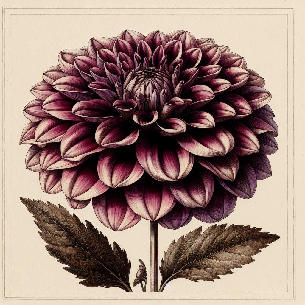Botanical plate illustration of Ballego's Glory dahlia, Dark Blend Formal Decorative