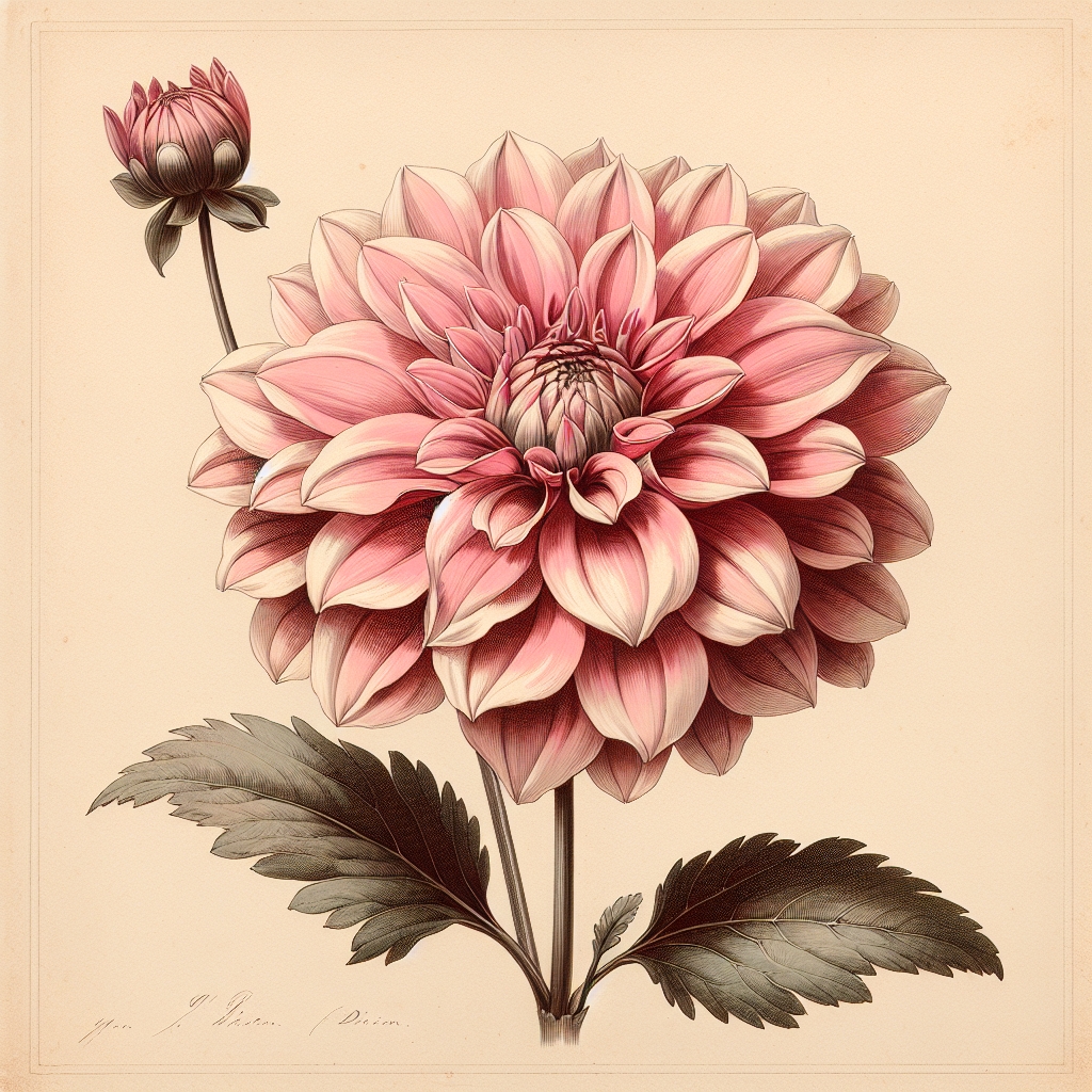 Botanical plate illustration of Barbarry Dominion dahlia, Pink Formal Decorative