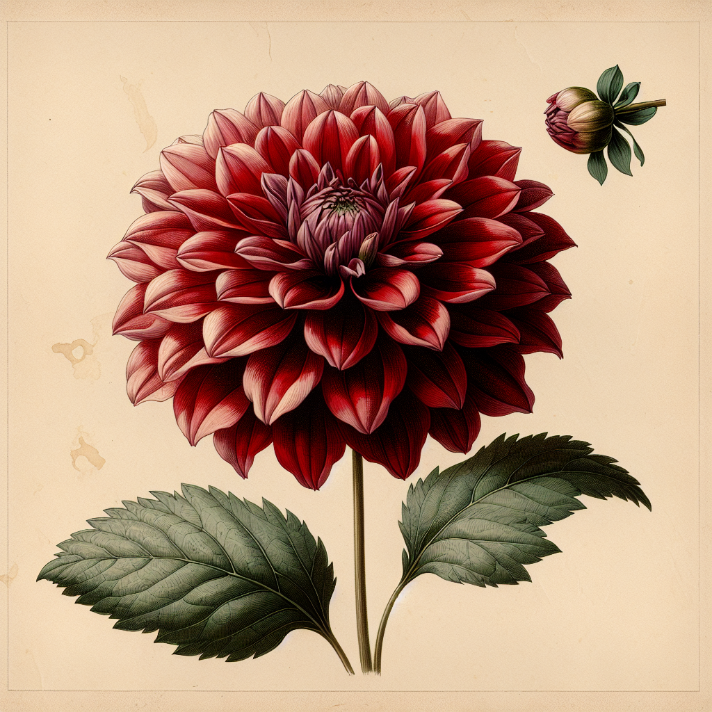 Botanical plate illustration of Barbarry Wizard dahlia, Red Informal Decorative