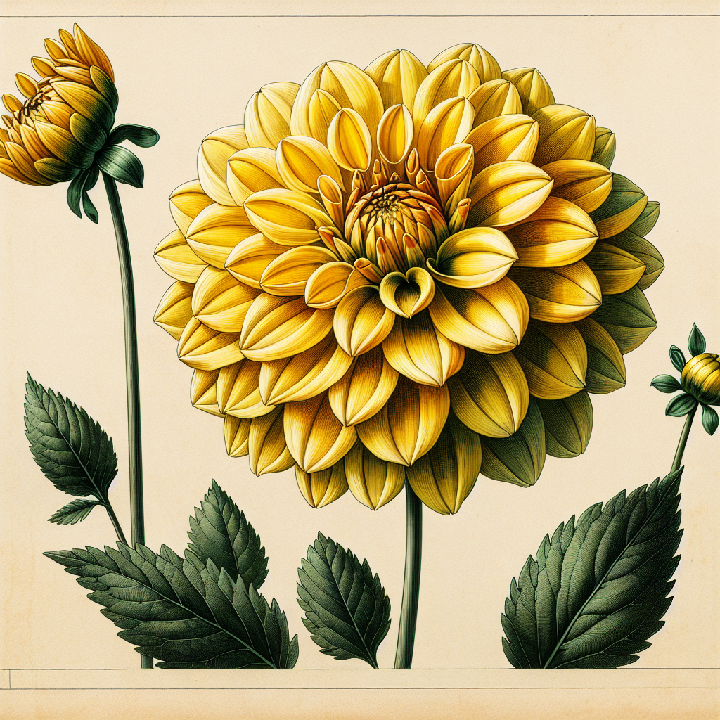 Botanical plate illustration of Baron Aunt Dorothy dahlia, Yellow Collarette