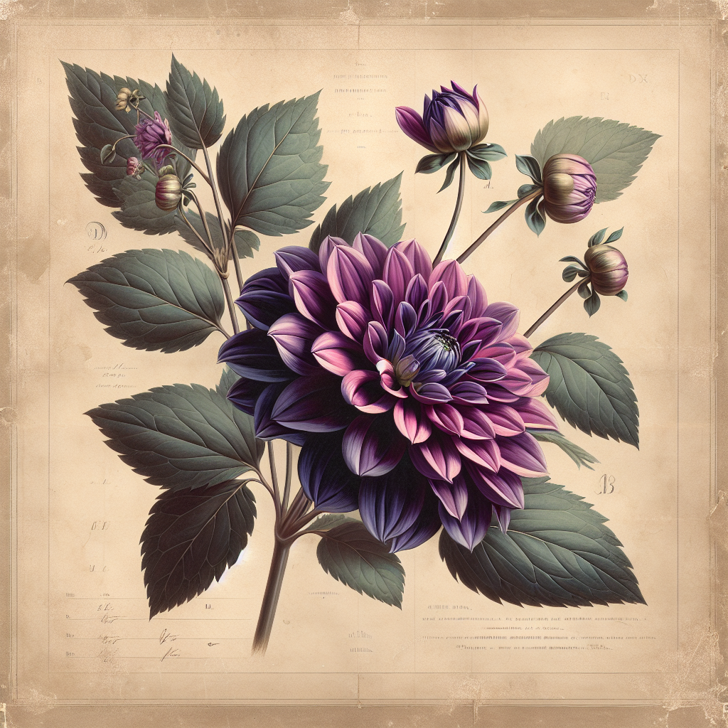 Botanical plate illustration of Bay State Twilight dahlia, Purple 