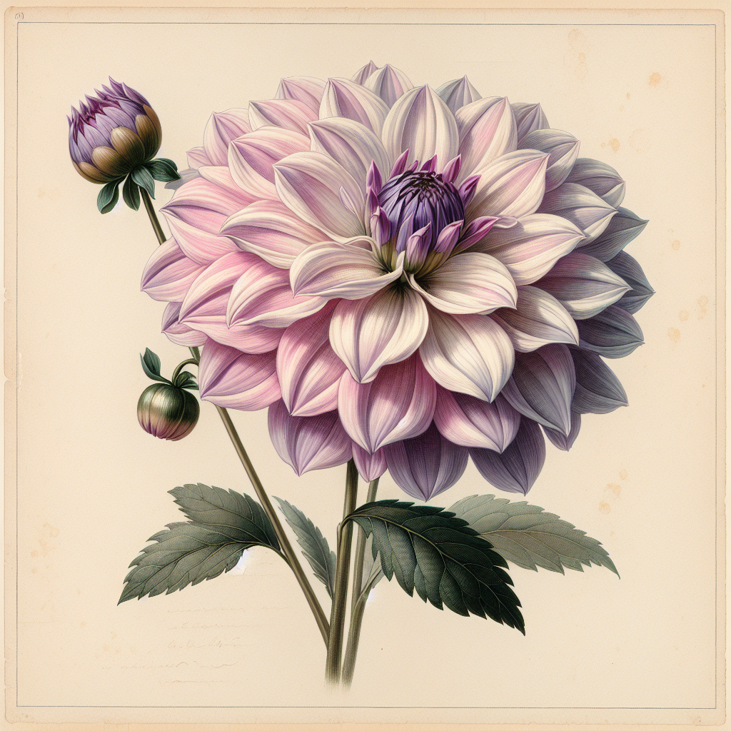 Botanical plate illustration of Beautiful Dream dahlia, Lavender Incurved Cactus