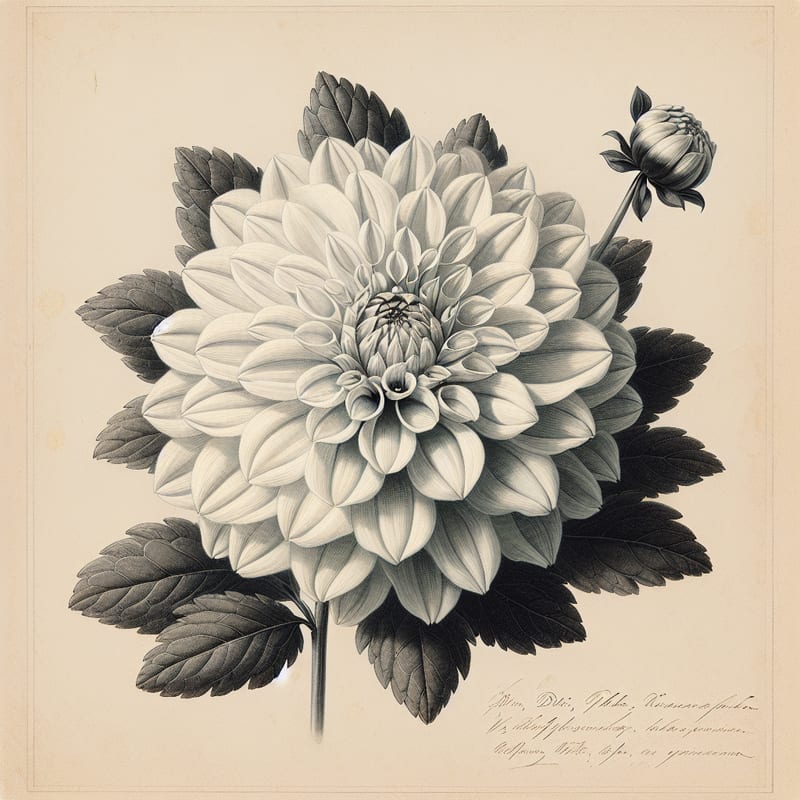 Botanical plate illustration of Betty's Wh. Collarette dahlia, White Formal Decorative