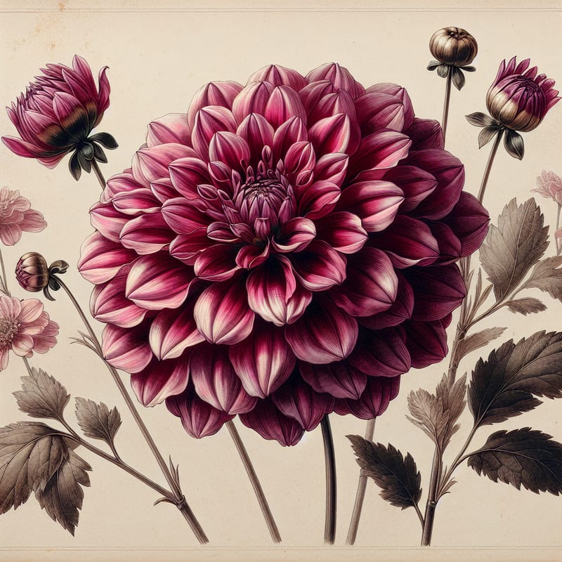 Botanical plate illustration of Bhg Peach Sunset dahlia, Dark Pink Formal Decorative