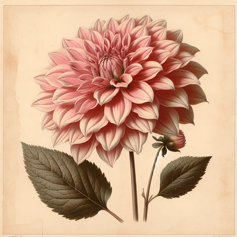 Botanical plate illustration of Bishop of Dover dahlia, Pink Peony