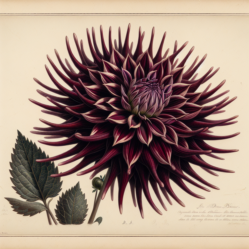 Botanical plate illustration of Black Beauty dahlia, Dark Red Straight Cactus