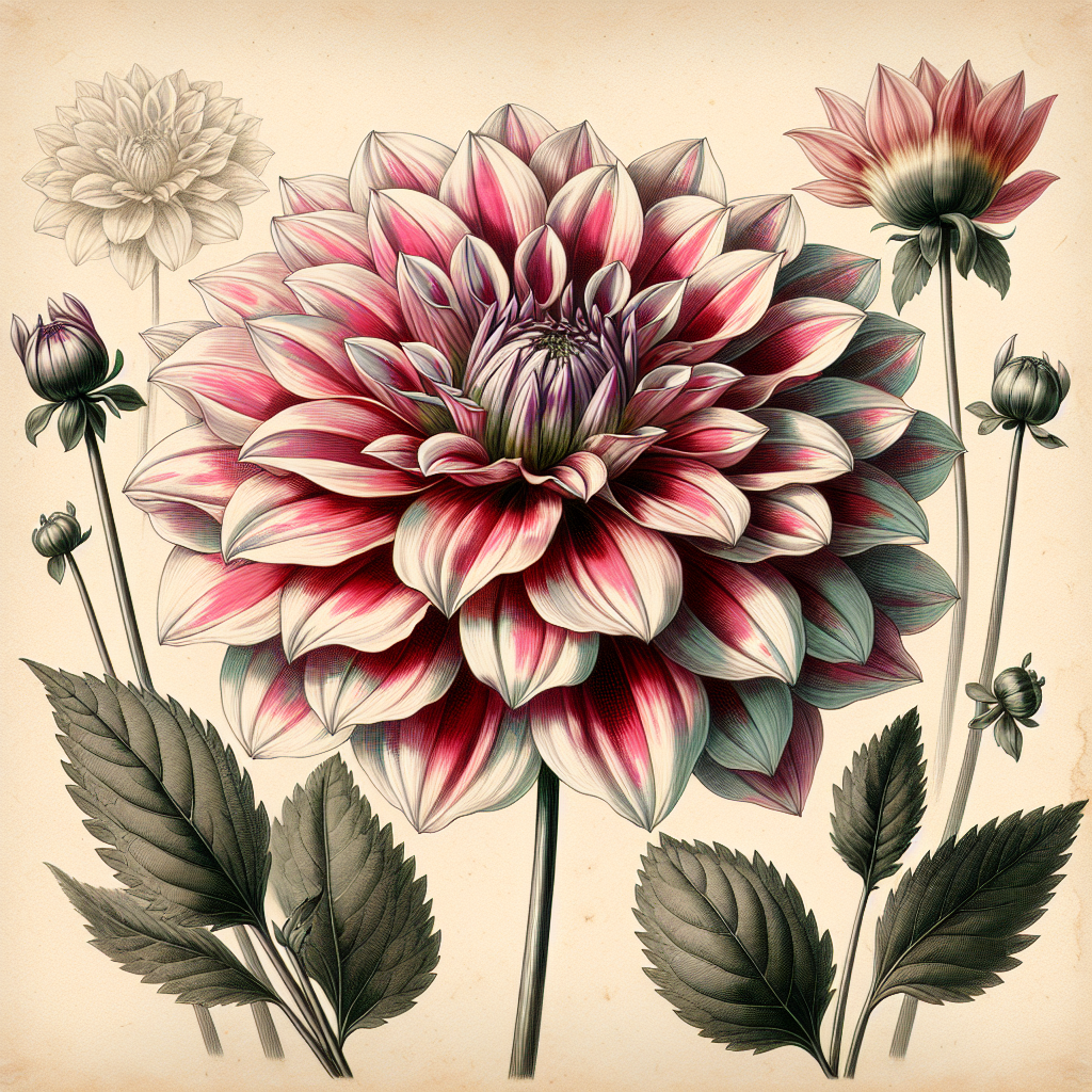 Botanical plate illustration of Blackberry Ripple dahlia, Variegated Semi-Cactus