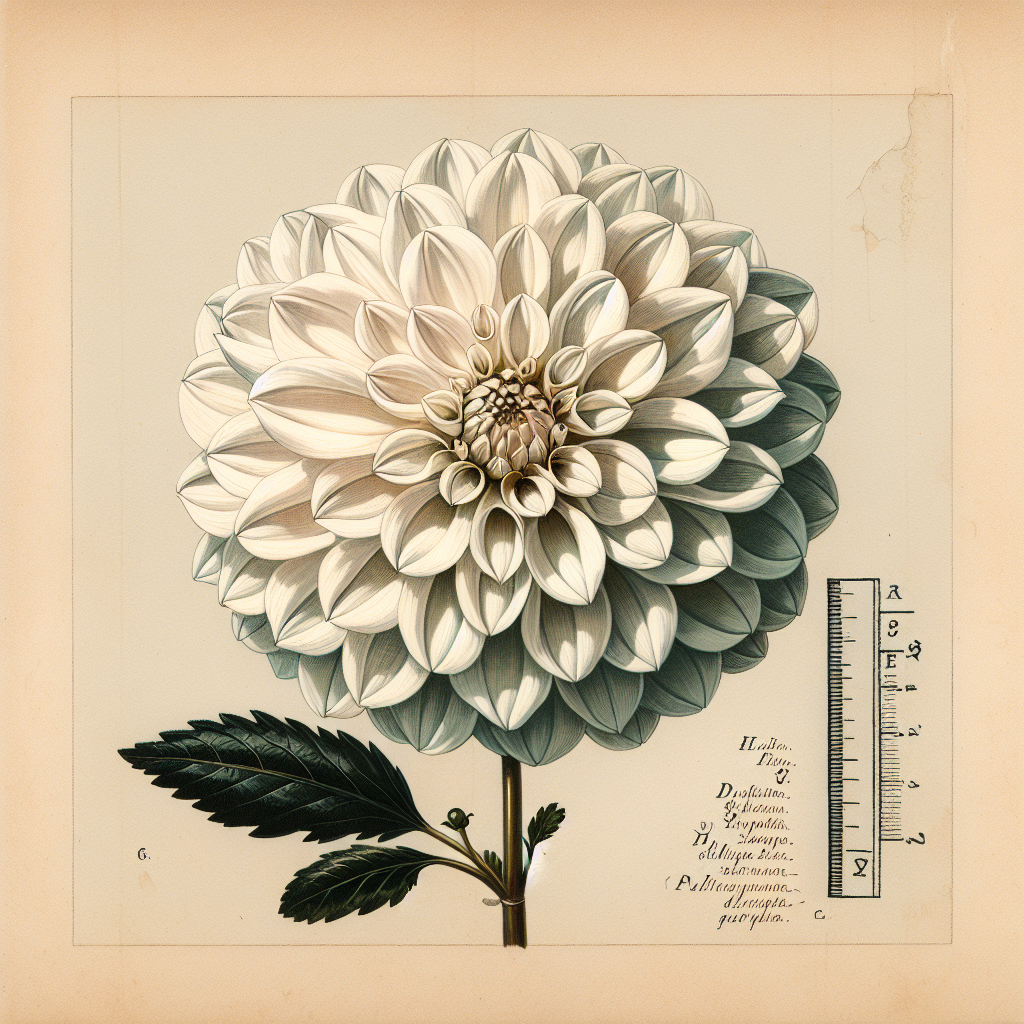 Botanical plate illustration of Blizzard dahlia, White Formal Decorative