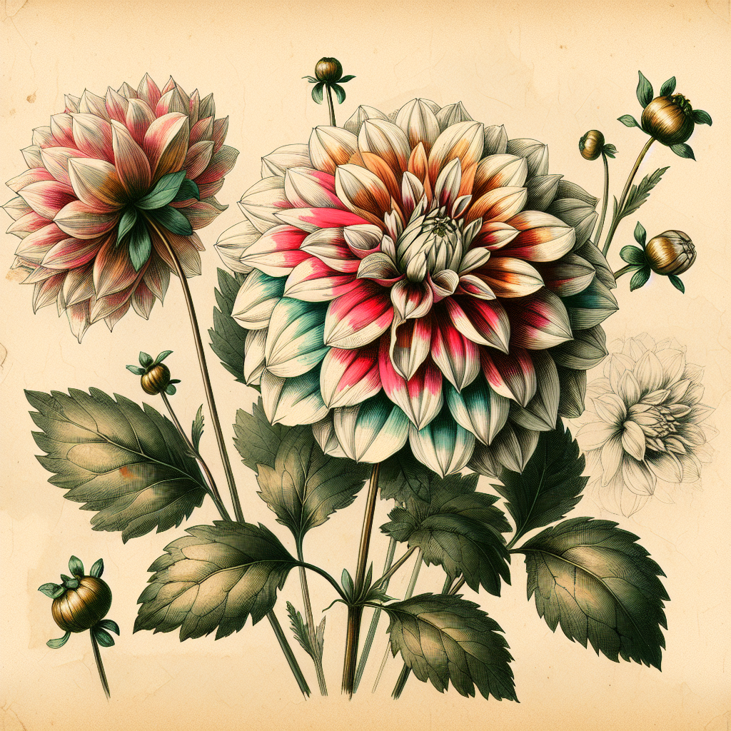 Botanical plate illustration of Bloomquist Candy Corn dahlia, Bicolor Informal Decorative