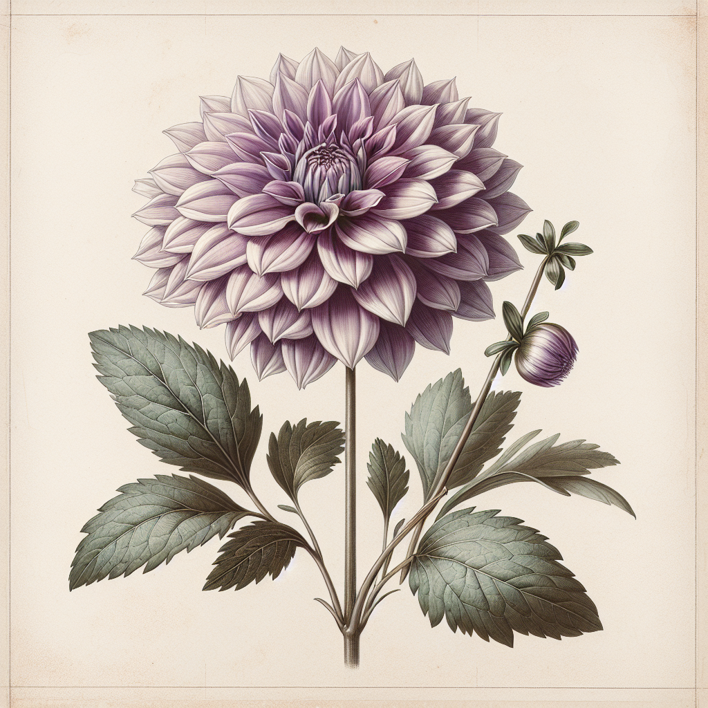 Botanical plate illustration of Blue Bayou dahlia, Lavender Semi-Cactus