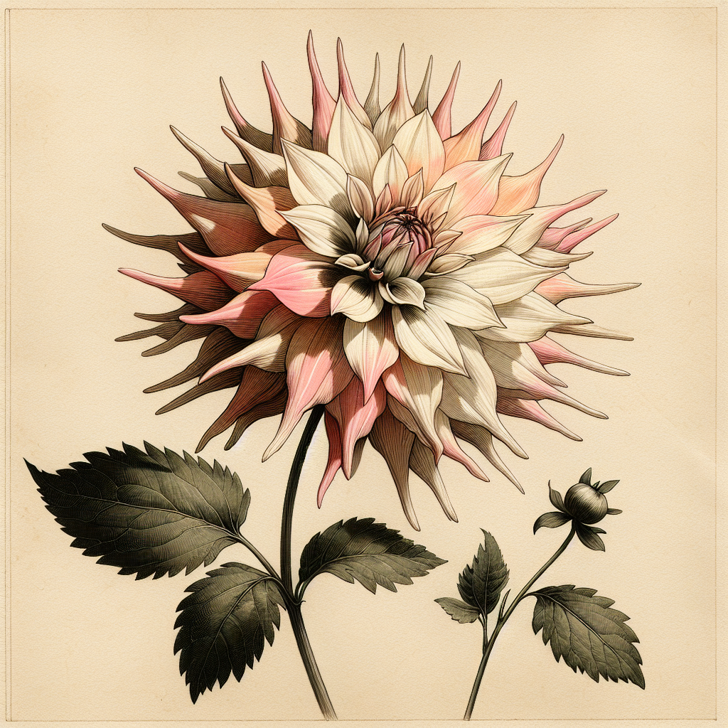 Botanical plate illustration of Blue Wish dahlia, Light Blend Formal Decorative