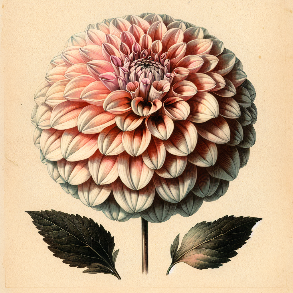 Botanical plate illustration of Blyton Softer Gleam dahlia, Light Blend Formal Decorative