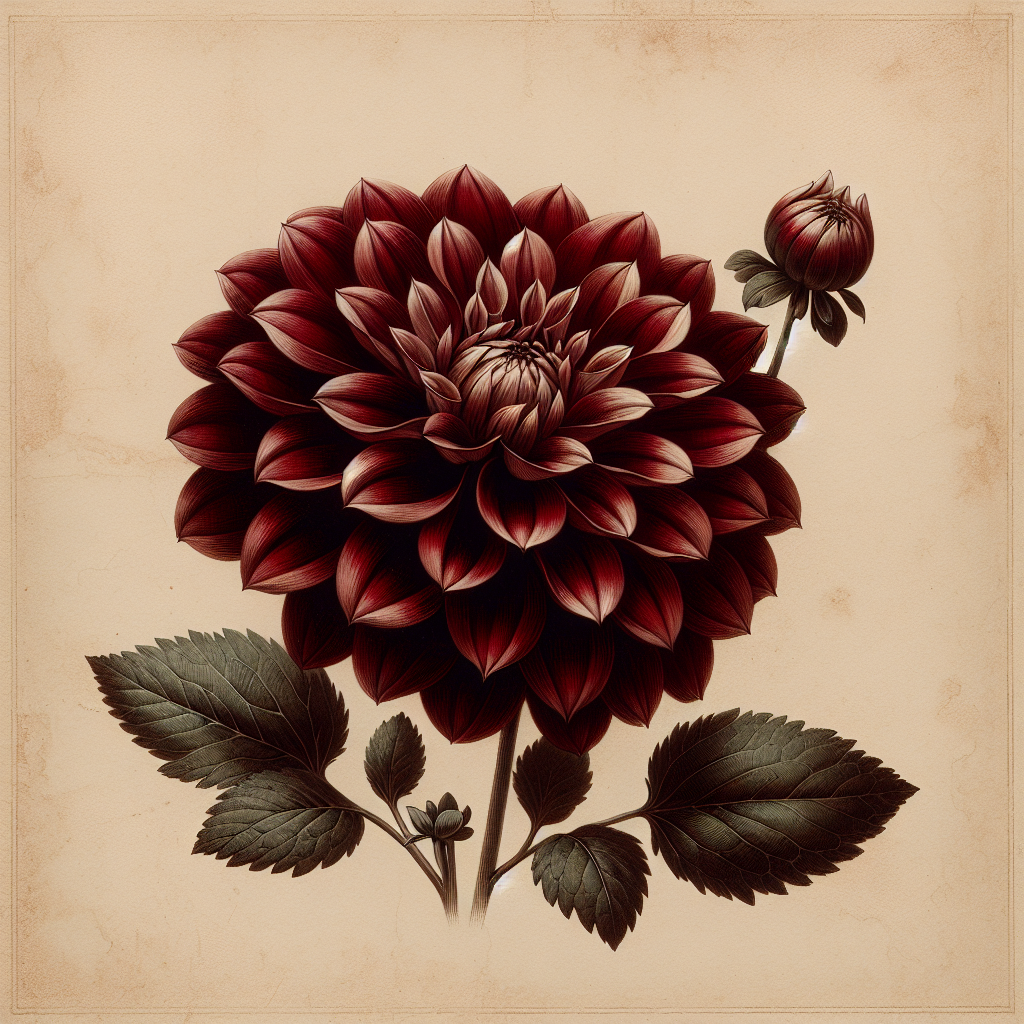 Botanical plate illustration of Blyton Valentine dahlia, Dark Red Formal Decorative