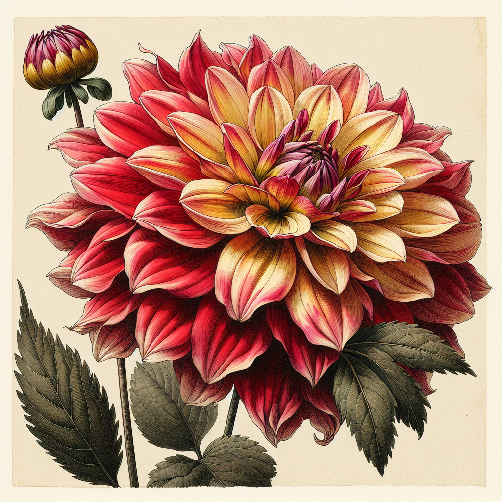 Botanical plate illustration of Bodacious dahlia, Red Informal Decorative
