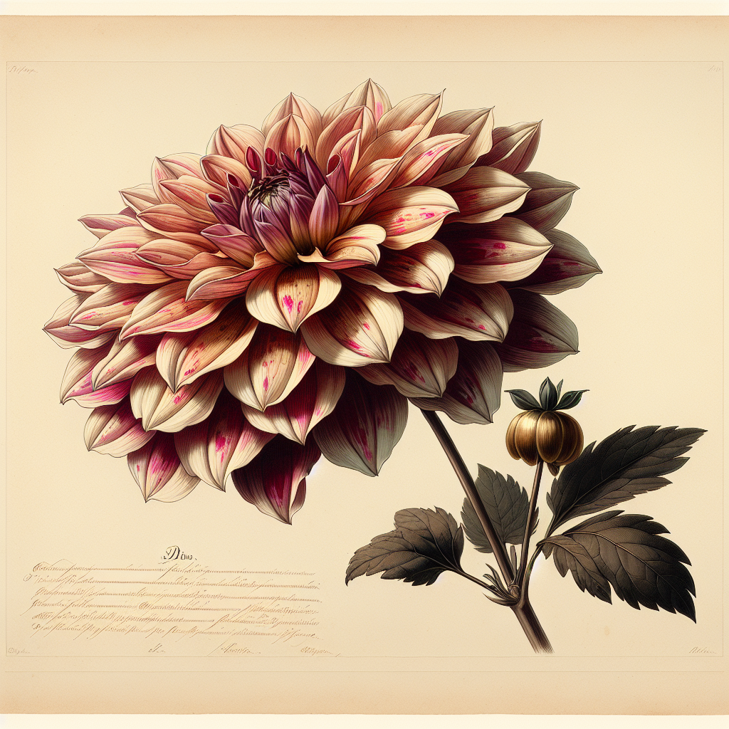 Botanical plate illustration of Bohemian Spartacus dahlia, Variegated Informal Decorative