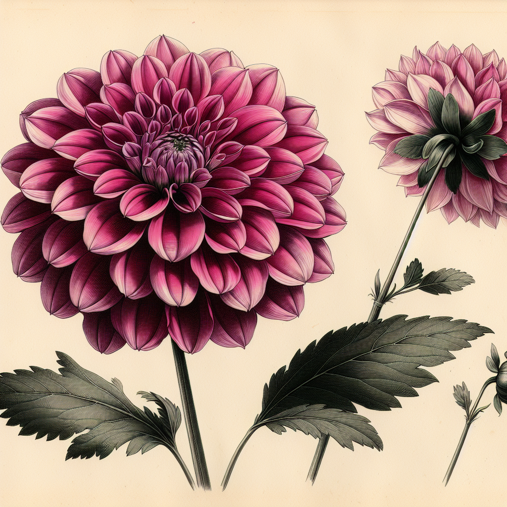 Botanical plate illustration of Bonne Esperance dahlia, Dark Pink Mignon Single