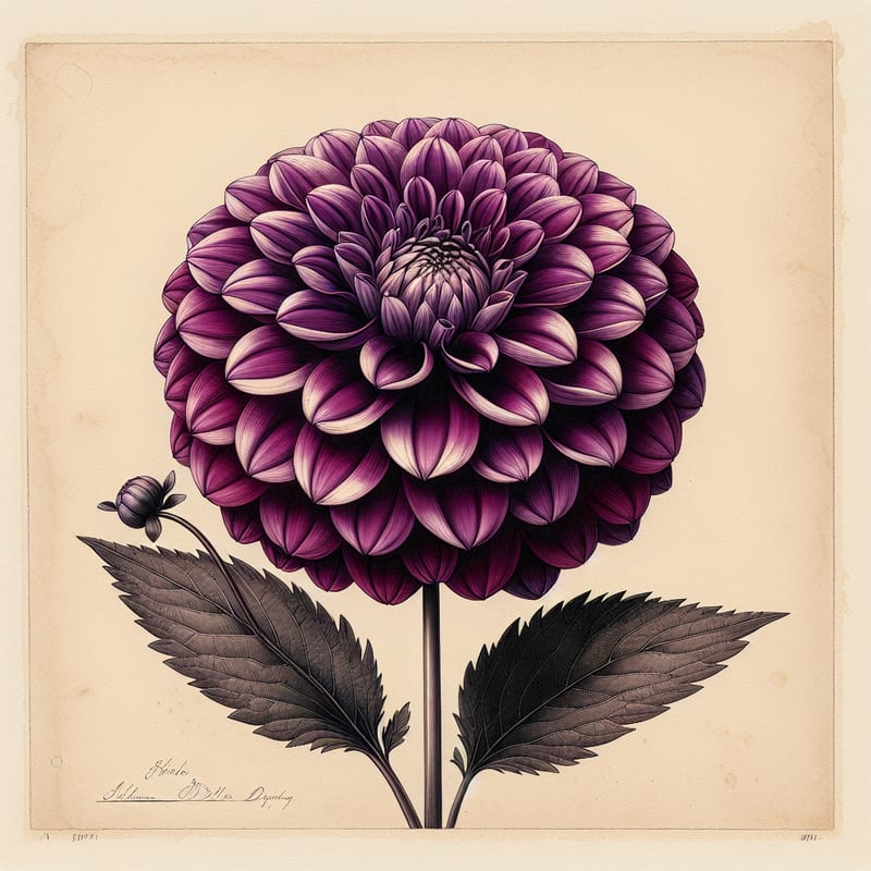 Botanical plate illustration of Boom Boom Purple dahlia, Purple Ball