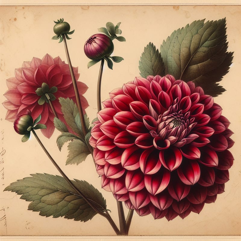 Botanical plate illustration of Boom Boom Red dahlia, Red Ball