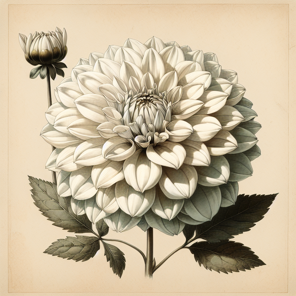 Botanical plate illustration of Boom Boom White dahlia, White Formal Decorative