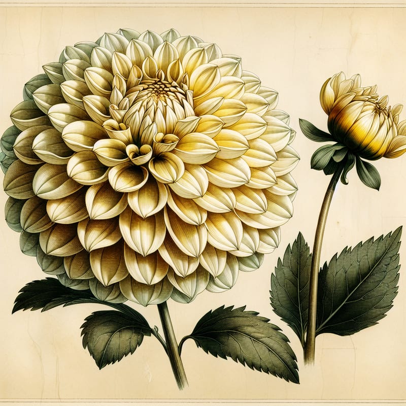 Botanical plate illustration of Boom Boom Yellow dahlia, Yellow Ball