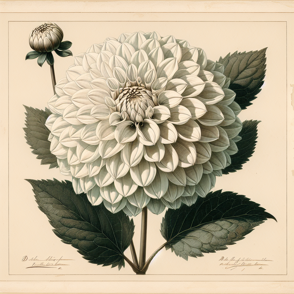 Botanical plate illustration of Boom Boom dahlia, White Formal Decorative