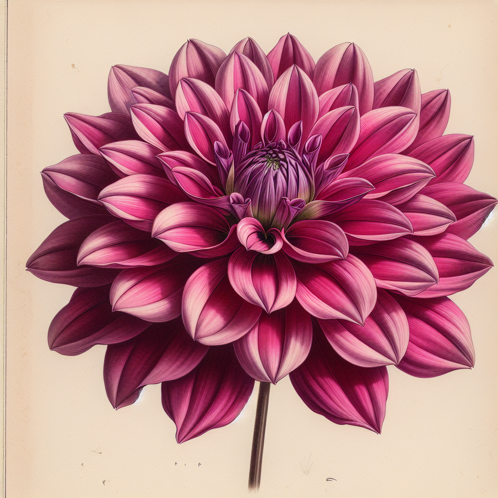 Botanical plate illustration of Bracken Rose dahlia, Dark Pink Formal Decorative