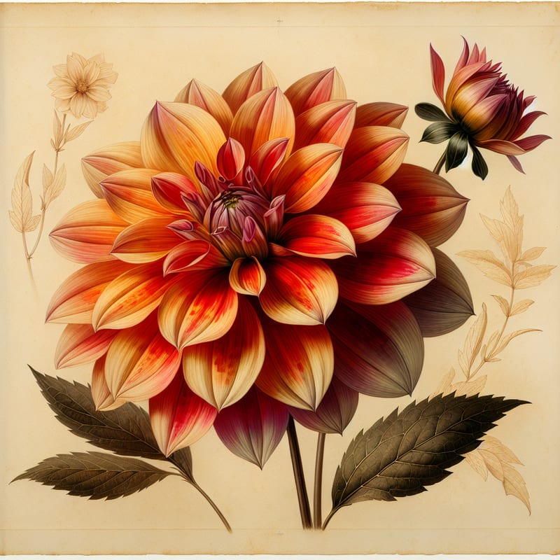 Botanical plate illustration of Break Out dahlia, Flame Blend Semi-Cactus