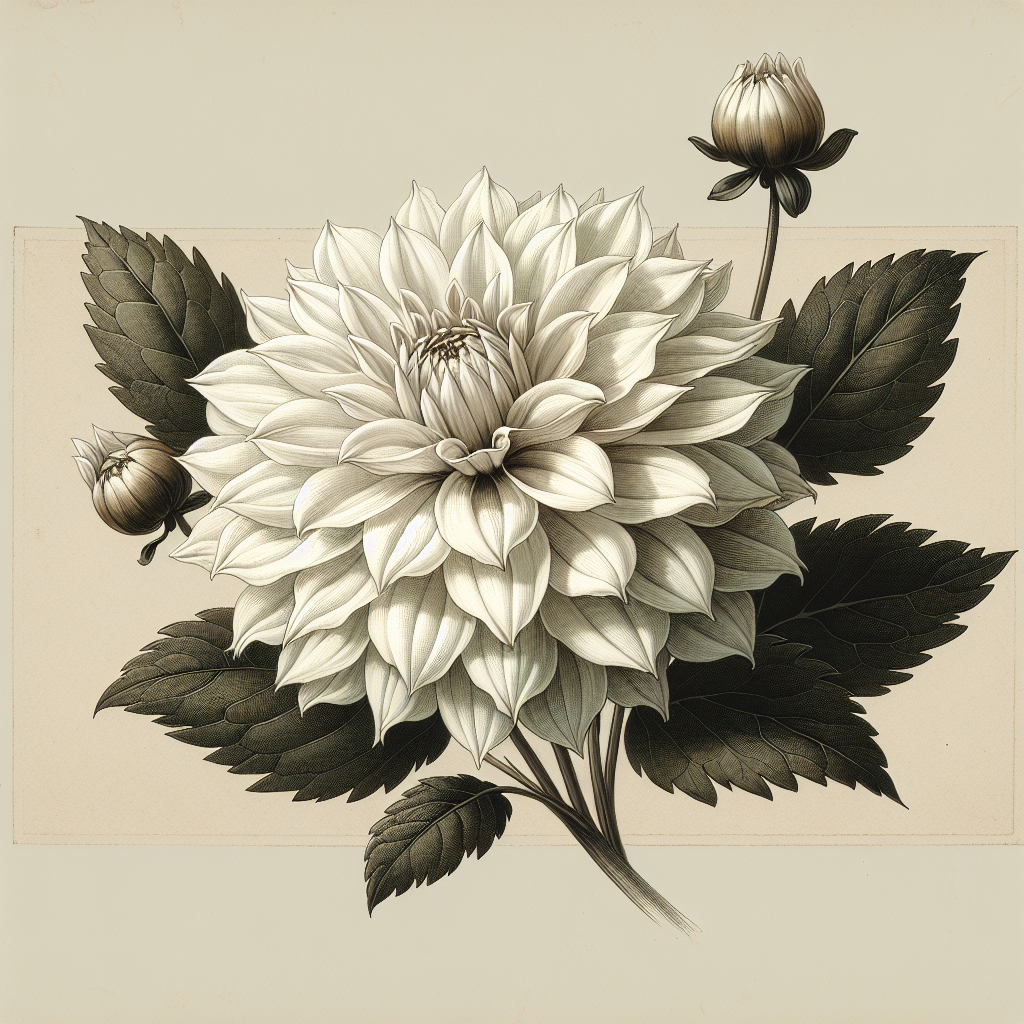 Botanical plate illustration of Bridesmaid dahlia, White Semi-Cactus