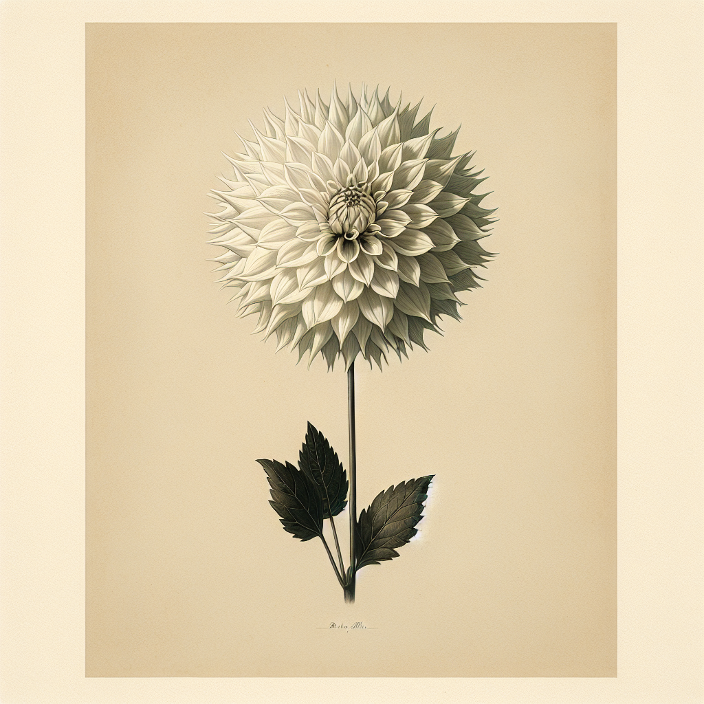 Botanical plate illustration of Bridezilla dahlia, White Straight Cactus