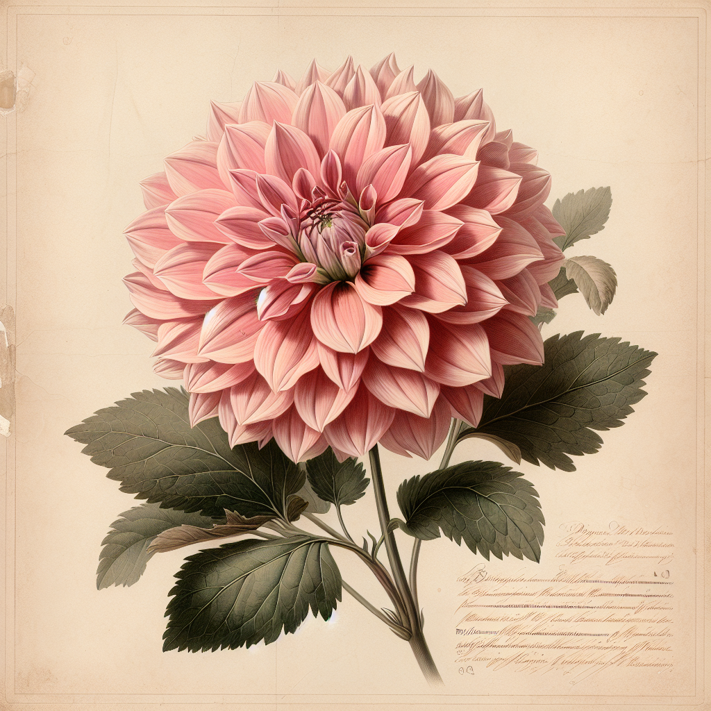 Botanical plate illustration of Bright View dahlia, Pink Formal Decorative