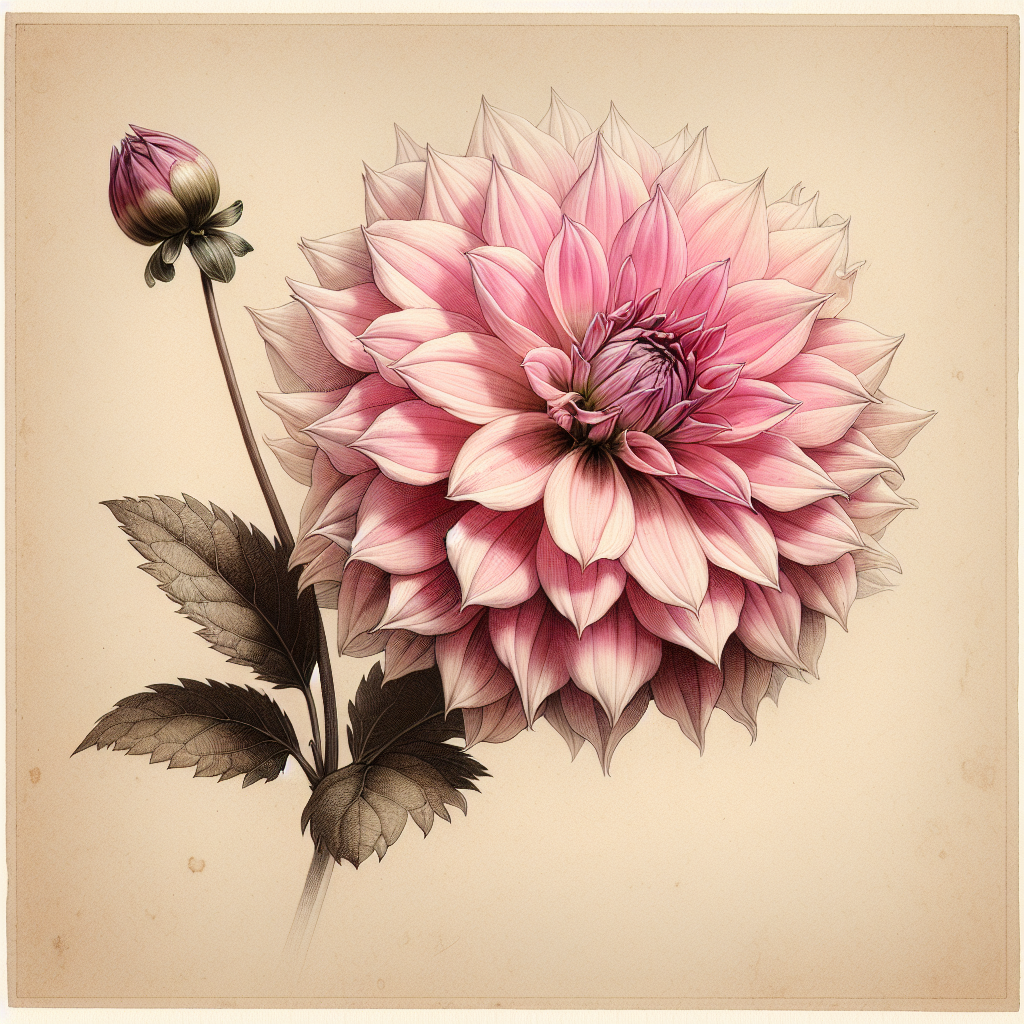 Botanical plate illustration of Bristol Karma dahlia, Pink Semi-Cactus