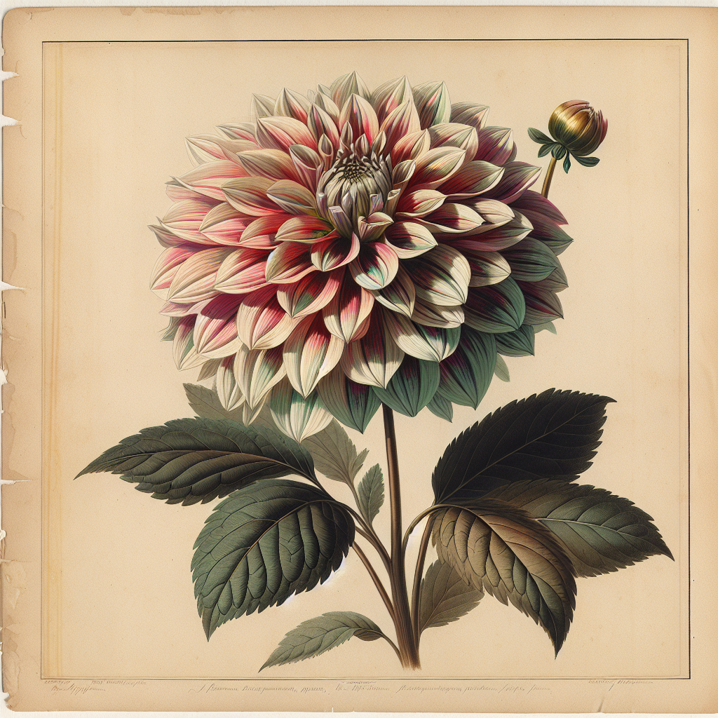 Botanical plate illustration of Bristol Stripe dahlia, Variegated Informal Decorative