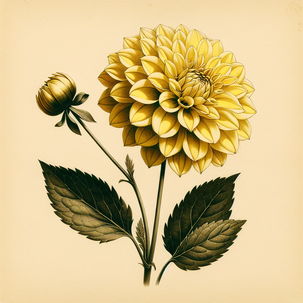 Botanical plate illustration of Brookside J Cooley dahlia, Yellow Informal Decorative