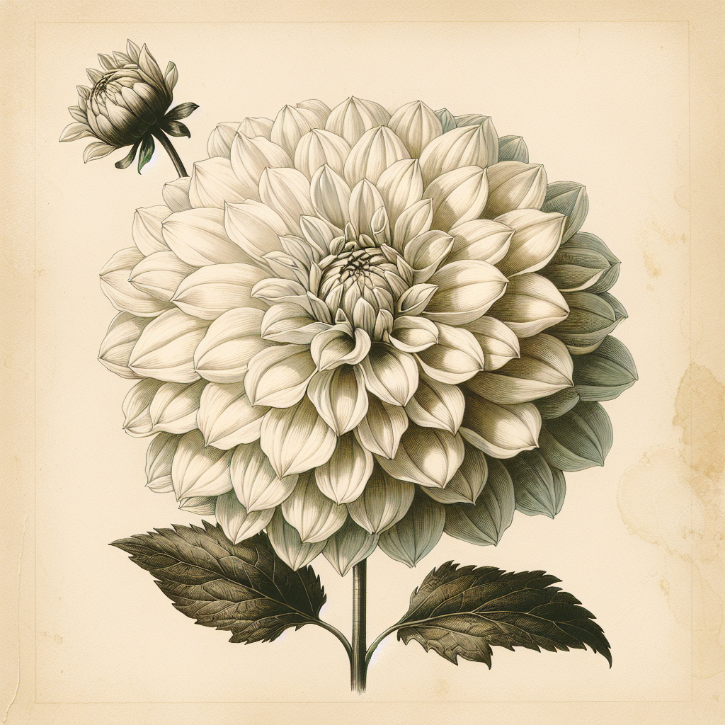Botanical plate illustration of Brookside Snowball dahlia, White Formal Decorative