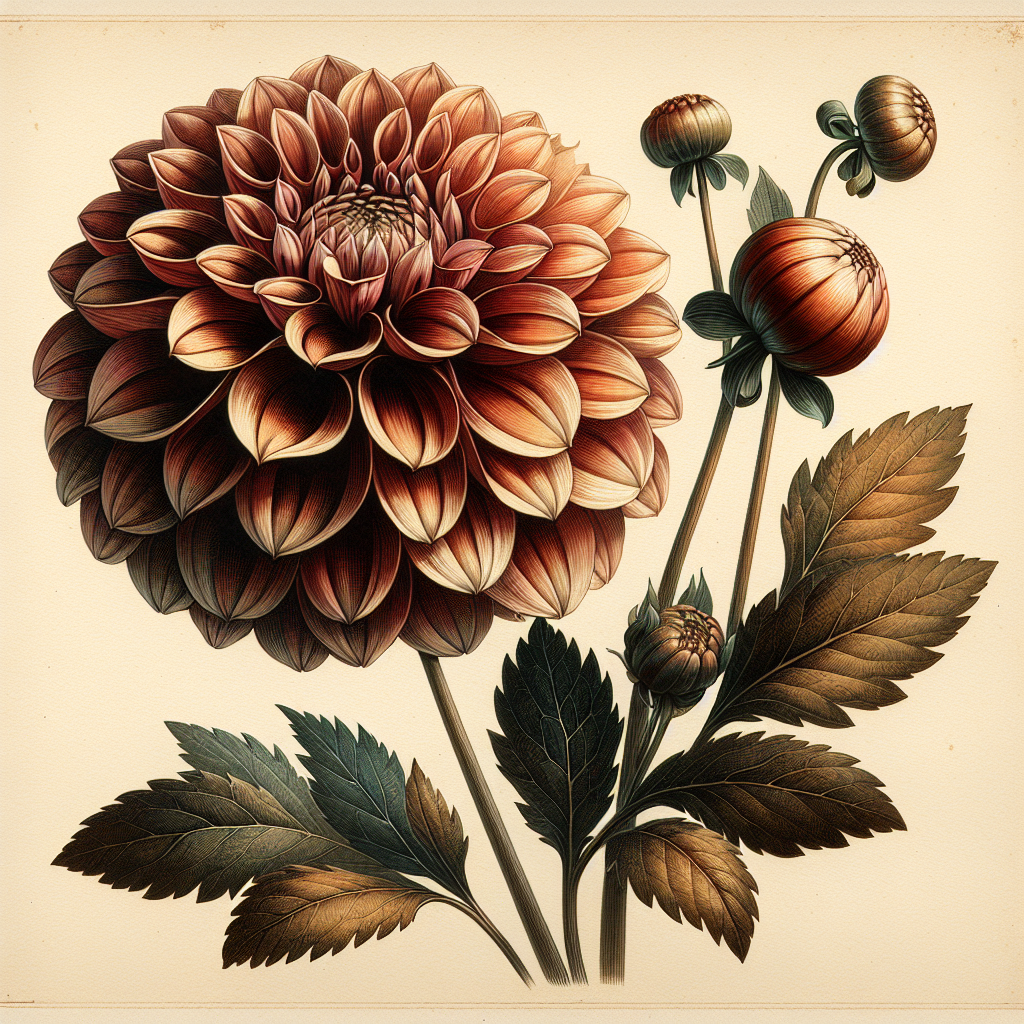 Botanical plate illustration of Brown Sugar dahlia, Bronze Formal Decorative