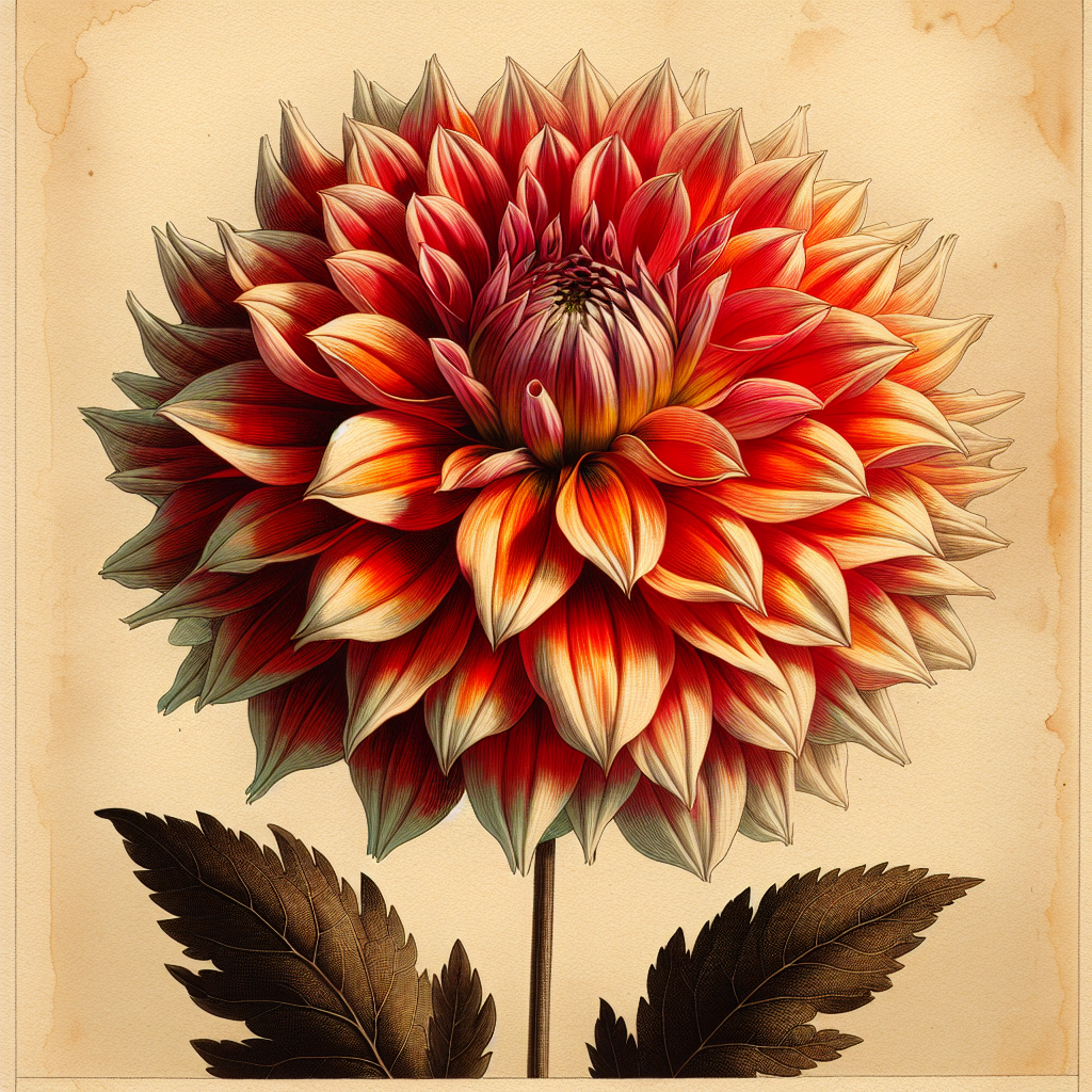 Botanical plate illustration of Cactus Flame dahlia, Flame Blend Straight Cactus