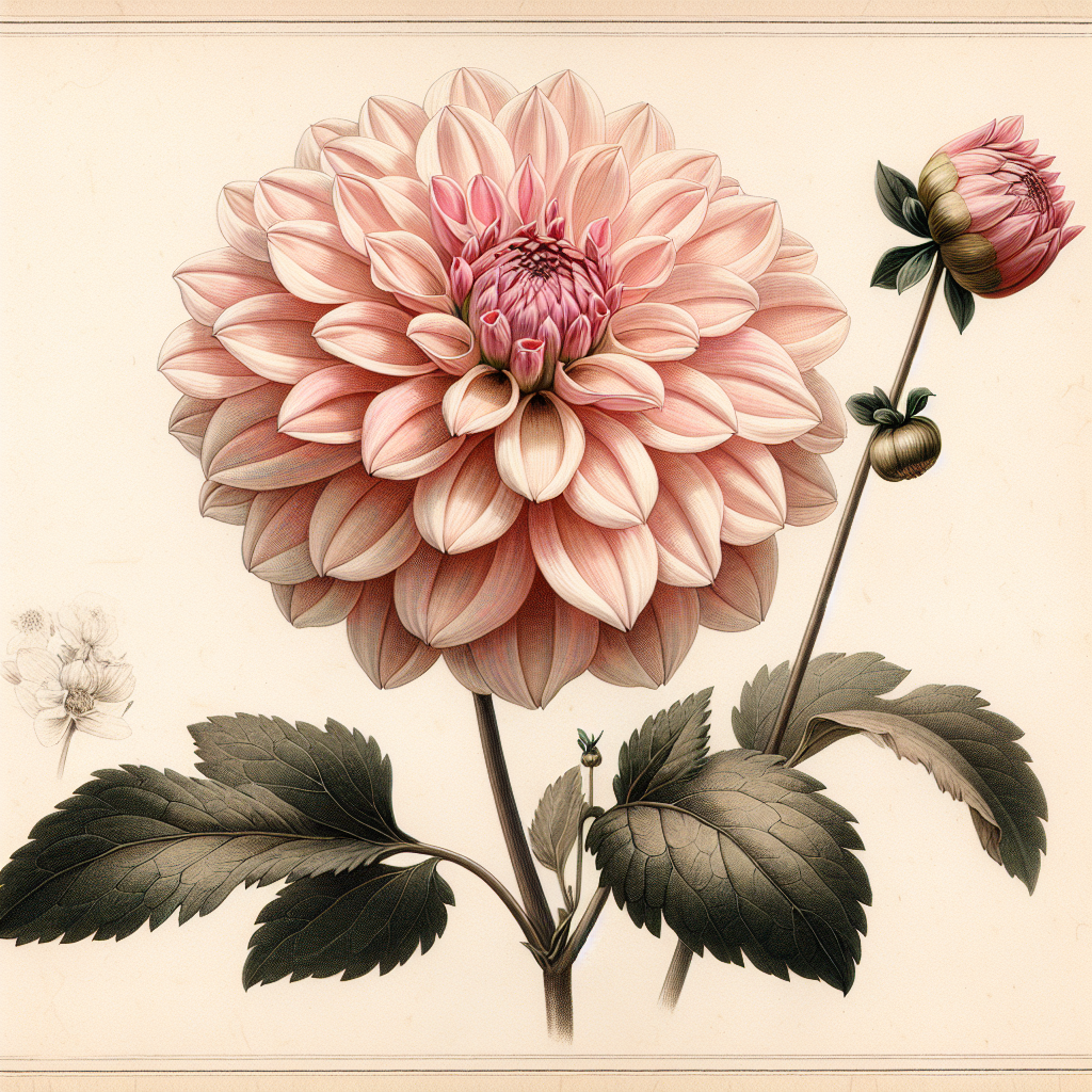 Botanical plate illustration of Cafe au Lait Mini dahlia, Pink Informal Decorative