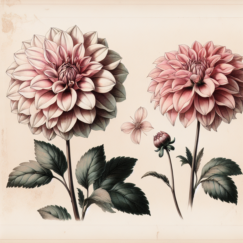 Botanical plate illustration of Cafe au Lait Royal dahlia, Pink Informal Decorative