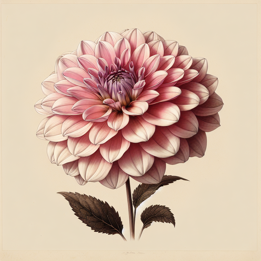 Botanical plate illustration of Cafe au Lait Twotone dahlia, Pink Informal Decorative