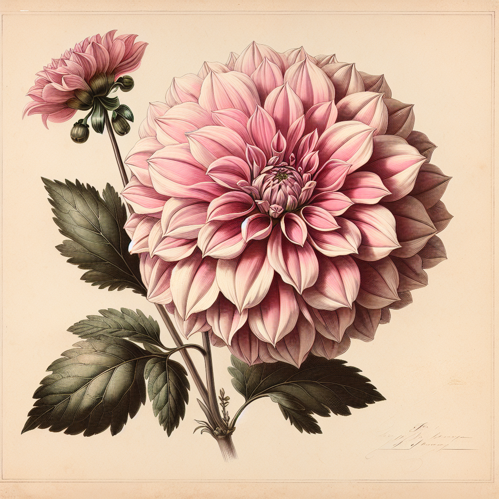 Botanical plate illustration of Cafe au Lait dahlia, Pink Informal Decorative
