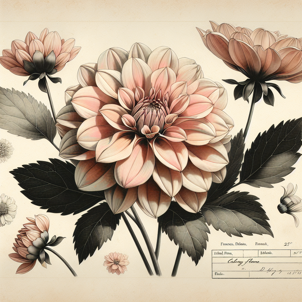 Botanical plate illustration of Calgary Flames dahlia, Light Blend Informal Decorative