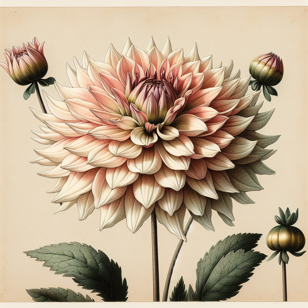 Botanical plate illustration of Camano Ariel dahlia, Light Blend Straight Cactus
