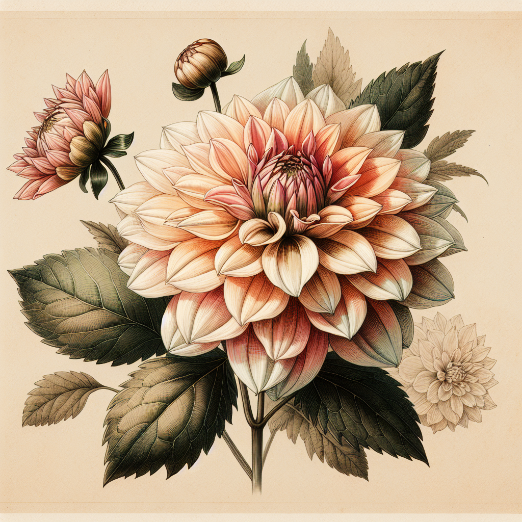Botanical plate illustration of Camano Autumn dahlia, Light Blend Informal Decorative