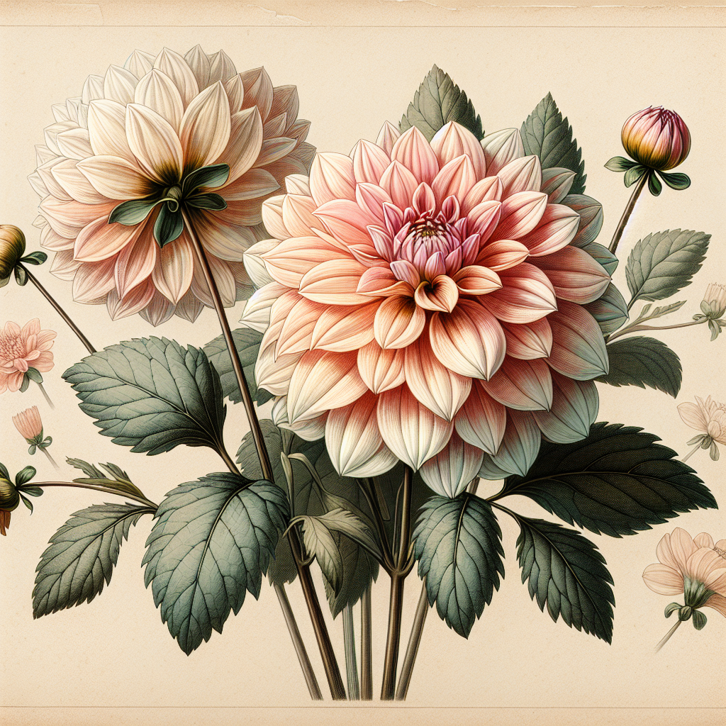 Botanical plate illustration of Camano Bram dahlia, Light Blend Formal Decorative
