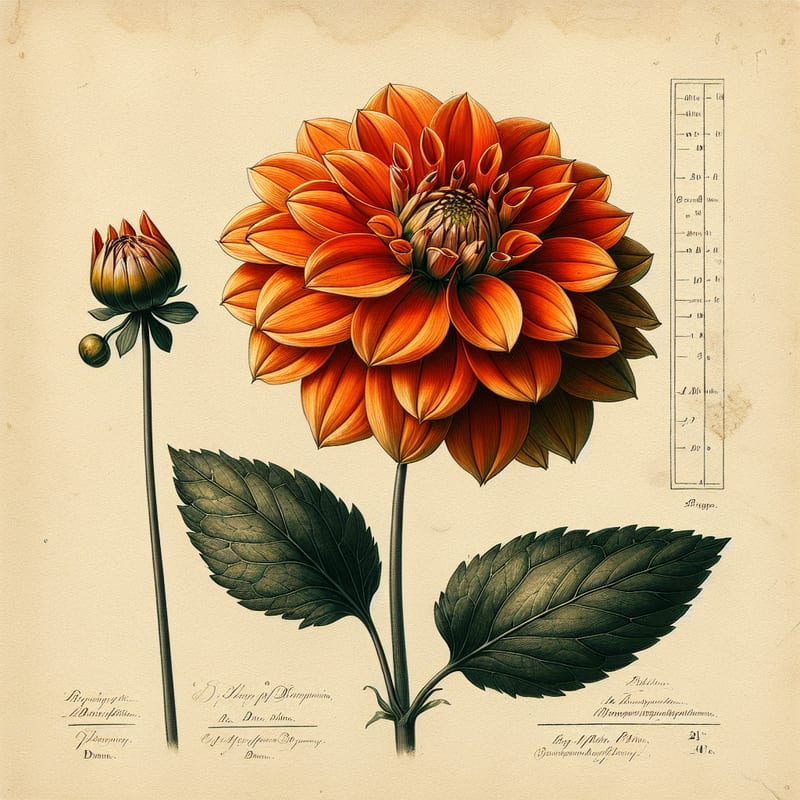 Botanical plate illustration of Camano Buz dahlia, Orange Formal Decorative