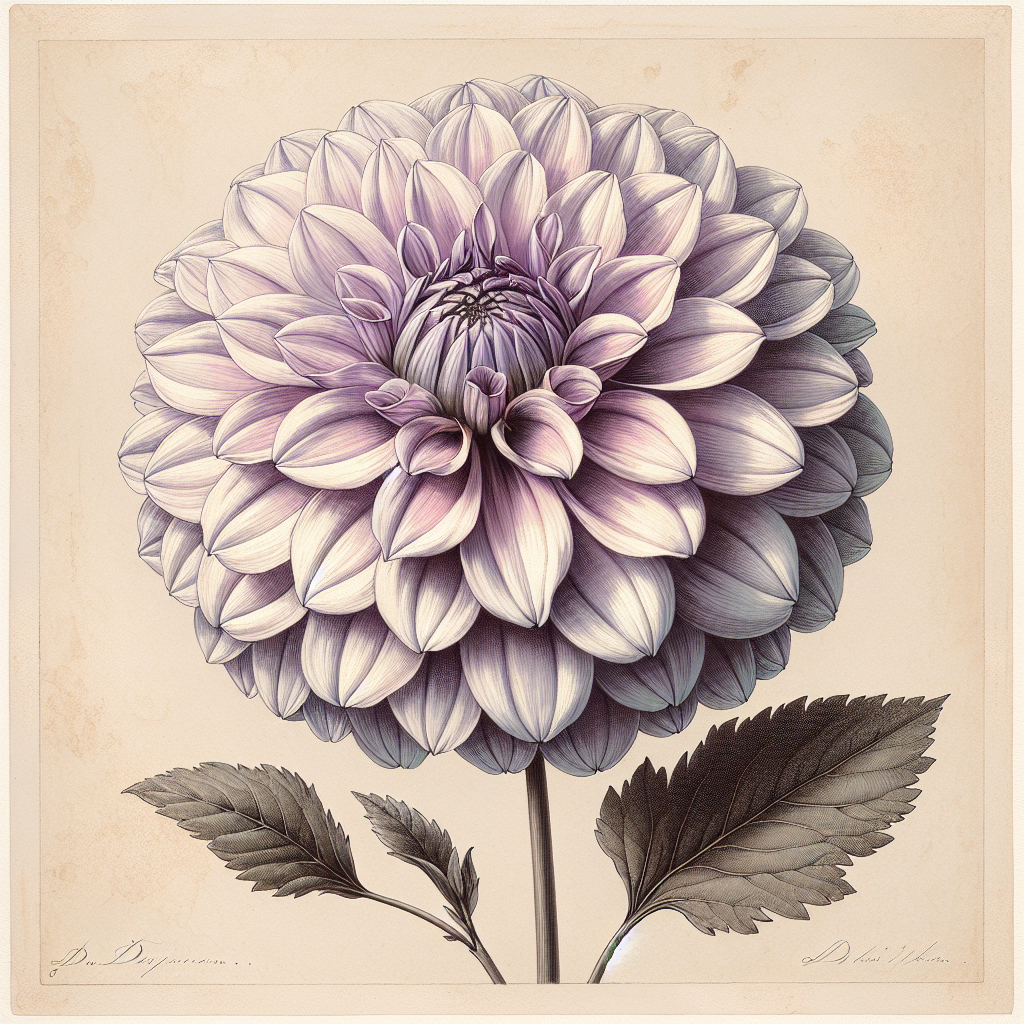 Botanical plate illustration of Camano Choice dahlia, Lavender Formal Decorative
